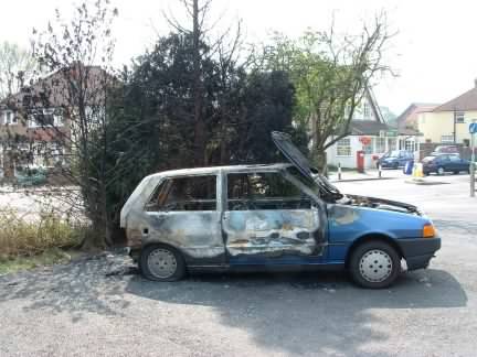 Burnt out Fiat car, one of two cars dumped and set alight in the Brickfields car park during a recent spate of vandalisim